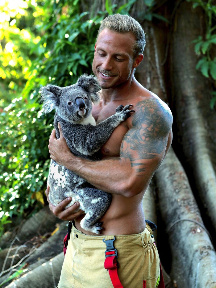 Les pompiers australiens posent avec des animaux pour leur nouveau